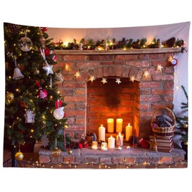 BELECO Christmas Tapestry Wall Hanging Christmas Fireplace Candles Shiny Stars Xmas Trees Art Wall Decor 80x60 Inch Christmas New Year Party Decorations Backdrop Bedroom Living Room Home Decor