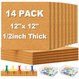 Cork Board Tiles 12 x 12 in 1/2 in Thick Square Bulletin Boards Cork Tiles Bulk with Push Pins Mini Natural Self Adhesive Backing Corkboards Tiles for Wall Home Office Floor DIY（14 Pcs）