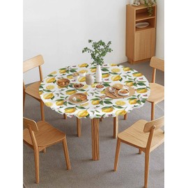 Round Waterproof Table Cover Tablecloth Vinyl Fitted Elastic Edged Plastic Table Cover Fits Tables up to 55"-60" Summer Lemon