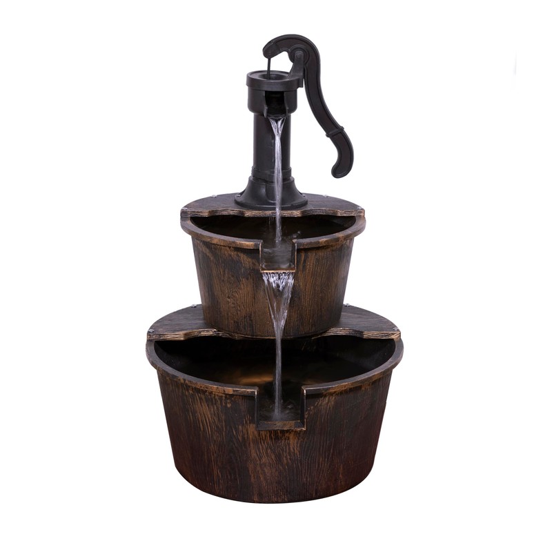 Alpine Corporation TIZ194BZ | Rustic Outdoor 2-Tier Barrel Pump Water