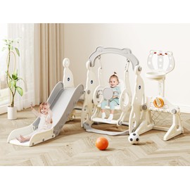 Glaf 6 in 1 Toddler Slide and Swing Set Outdoor Playset Kids Slide for Toddlers 1-3 Indoor Playground Baby Climber Toys with Basketball Hoop Ring Toss and Soccer (Grey with Goal)