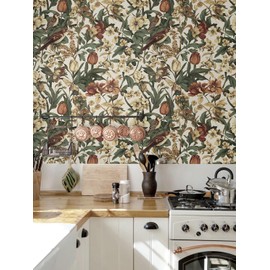 Erfoni 17.3" x197" Beige Retro Floral and Bird Contact Paper Vintage Peel and Stick Wallpaper for Bedroom DIY Self Adhesive Wall Paper Boho Floral Leaf Removable Wallpaper for Accent Wall Covering
