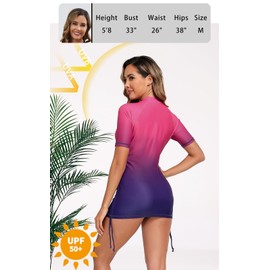 Halcurt Women's Half Zip Short Sleeve Rash Guard Swim Top with Bra Drawstring Adjustable UPF50+ Swimsuit Ombre Hot Pink Purple M