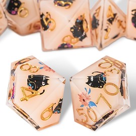 GU BEI TE DND Dice Set, Cute Cat & Flowers Style Sharp Edge Polyhedron Resin Dice for Dungeons & Dragons RPG MTG