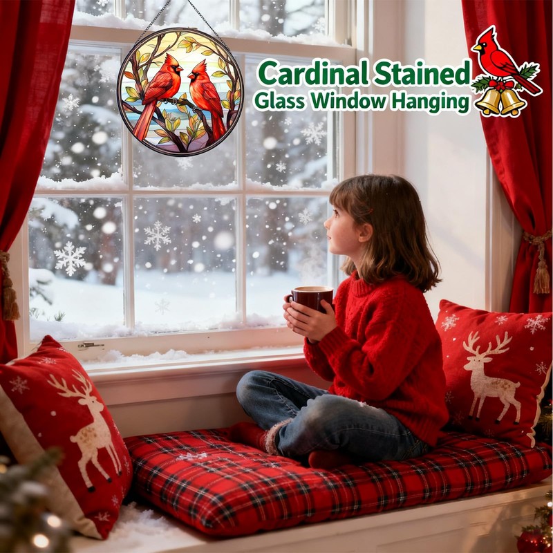 BDHRKTE Cardinal Bird Glass Window Hanger – Christmas Ornament for