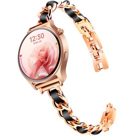 LYSANDRA Slim Gold Bands Adjustable Metal Chain Bracelet Strap Compatible with Fitpolo AR-01, aeac AR-01 Smartwatch, Adjustable Metal Chain Bracelet Strap with Leather (Rosegold)