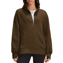OFEEFAN Fall Fashion Half Zip Oversized Sweatshirts For Women 2024 Quarter Zip Workout Pullover Fleece Hoodies Soft Sweaters Y2K Winter Clothes Jacket Coffee M