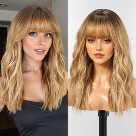 HAIRCUBE Long Wavy Synthetic Wig with Fringe Light Blonde with Highlights, Natural Look and Effortless Style for Women