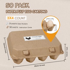 JOINSI 50 Pack Egg Cartons Bulk, 3×4 Style Reusable Empty Natural Paper Pulp Cardboard Egg Tray Holder Containers for Farmers, Home Use & Transport