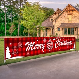 NINU Merry Christmas Banner Large Xmas Porch Sign Banners Poster Indoor Outdoor Holiday Party Hanging Decorations (9.8 x 1.6 Feet)