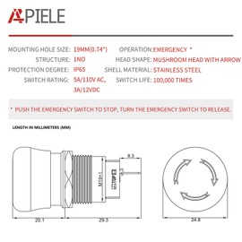 APIELE 19mm Metal Emergency Stop Push Button Swicth Latching 12-250V Stianless Steel 0.74" Mouting Hole