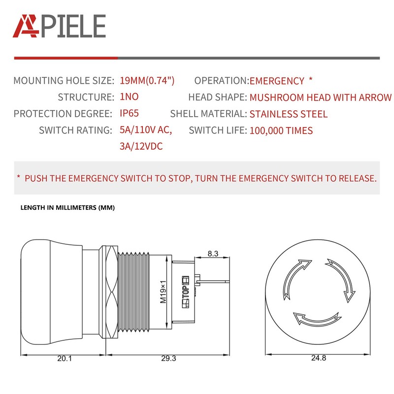 APIELE 19mm Metal Emergency Stop Push Button Swicth Latching 12-250V