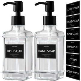 VIMERPA Hand Soap Dispenser Black 2 Pack, 10 Oz Vintage Clear Soap Dispenser Bathroom, Glass Dish Soap Dispenser for Kitchen, Hand and Dish Soap Dispenser Set, Soap Dispenser for Kitchen