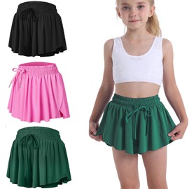Pantalones cortos de mariposa para niñas 2 en 1 con forro de elastano para correr, Paquete de 3 (negro, rojo rosa, verde bosque), Large