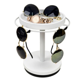 LingLingo Sunglasses Organizer 360° Rotating Eyeglass Holder Stand with Wood Tray and Base, Eye Glass Display Rack for Multiple Sunglass Storage for Table Dresser Nightstand Desk (White)
