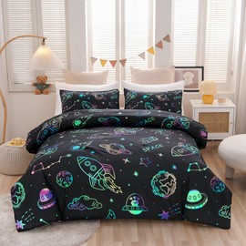 Aimuan Space Bedding Twin Bed Comforter Kids Rocket Bedding Set Super Soft & Cute Aliens UFO Printed for Boys Girls Teen (Black, Twin)