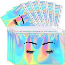 Kajaia 60 Pack Holographic Lash Aftercare Bags Empty Eyebrow Eyelash Cosmetic Makeup Bag 6 x 4 in EVA Zipper Beauty Gift Pouches for Women Girls Small Business(Colorful)