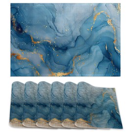Placemats Set of 6,Blue Gold Marble Table Mats, Abstract Washable Linen Table Mats,Non-Slip Heat Resistant Placemats for Party Kitchen Dining Indoor Outdoor 12"x18"