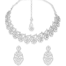 Parshwa Creation Juego de joyas de Bollywood indio de aleacin/abalorio de resina/diamantes de imitacin/Kundan con piedras blancas, collar chapado en plata, aretes y Tikka, coleccin de boda
