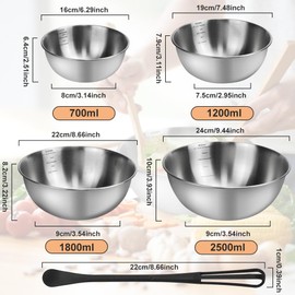 ADERTOS Mixing Bowls 2.5/1.8/1.2/0.7 L Stainless Steel Bowls Kitchen Bowl Stainless Steel Salad Bowl with Scale Serving Bowl Dough Bowl Stackable Bowl Set Mixing Bowl Set with Stirring Rod