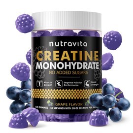 Nutravita Creatine Monohydrate Gummies for Men & Women-5g of Creatine Monohydrate per Serving - Sugar Free,Vegan, Grapes Flavor, 120 Count