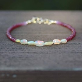 LKBEADS Longido Ruby & Ethiopian Opal 3-8 mm Rondelle & Tumble Shape Faceted & Smooth Cut Gemstone Beads 7 Inch Stacking Bracelet with Silver Plated Lock for Unisex #Code- LCBR-4340, Stone Sterling