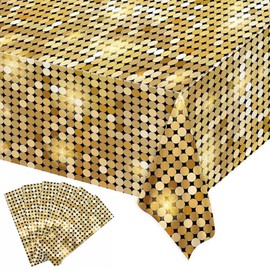 6 Pcs Disco Party Tablecloth,White and Gold Dot Tablecovers Diso Theme Disposable Plastic Rectangular Table Cloth for 70s 80s 90s Disco Las Music Birthday Bridal Wedding Party Supplies,108 x 54 Inch