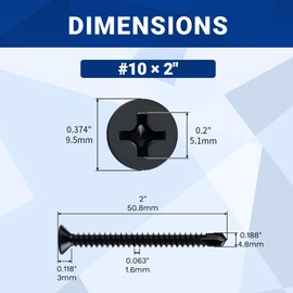 #10 x 2 Flat Head Self Drilling Screws (50 pcs), 410 Stainless Steel, Phillips Drive #2, Black Oxide Coated Flat Head Self Tapping Screws, Fayeploo (with Phillips Driver Bit)