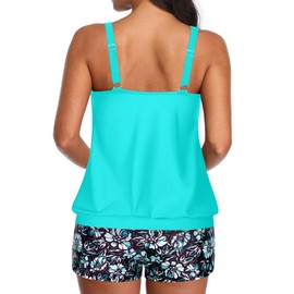Aqua Eve Two Piece Women's Tankini Swimsuits Blouson Swim Tank Top with Shorts Modest Bathing Suits Blue Green Flower XXL