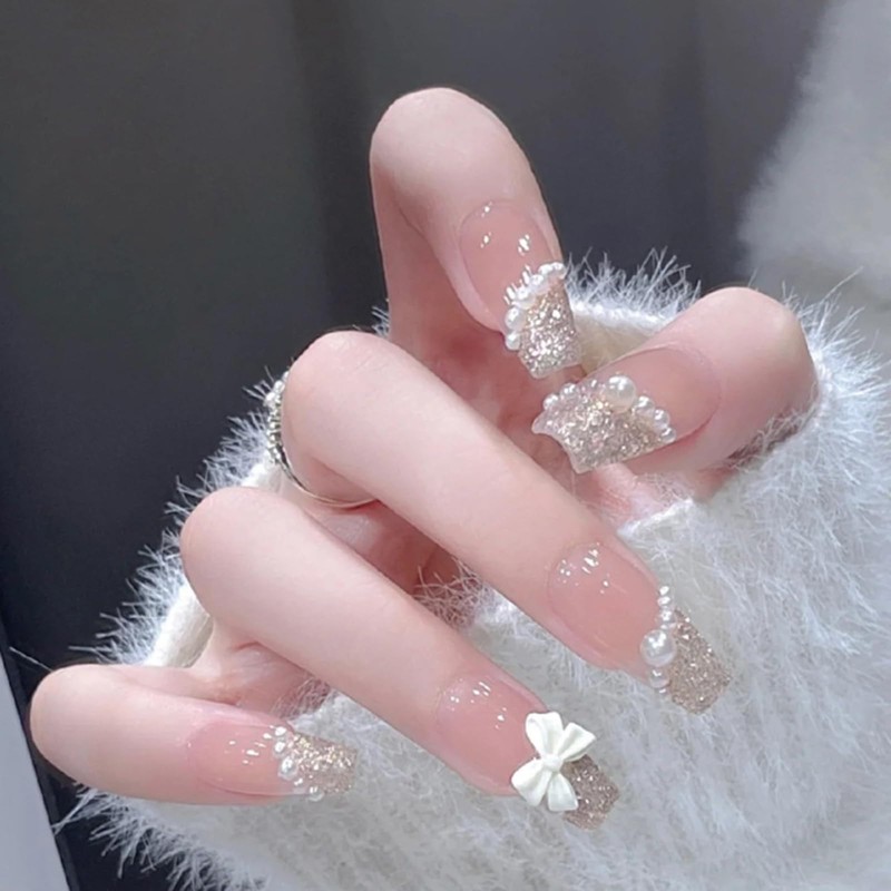 HAPVITAL 24-Piece Set, Nail Tips, Short, Butterfly Design, 3D Effect,