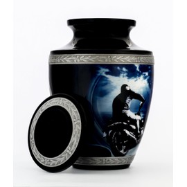 Motorcycle Urn for Human Ashes Adult Male, Harley Davidson Polished Metal Funeral Cremation Vessel, 200 Cubic in. Memorial Silver Ring and Black Body Ewer, Velvet Bag and Anti Scratch Felt Bottom.