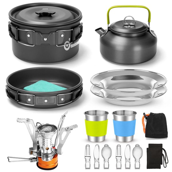 Odoland 16pcs Camping Cookware Set with Folding Camping Stove, Non-Stick Lightweight Pot Pan Kettle Set with Stainless Steel Cups Plates Forks Knives Spoons for Camping Backpacking Outdoor Picnic