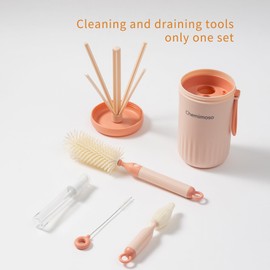 Chemimoso Travel Silicone Baby Bottle Cleaner Brush Set, Foldable Baby Bottle Drying Rack, Essential Cleaning Set for Outdoor Travel, Pink