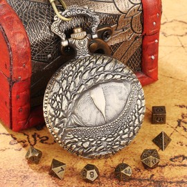 Mini DND Dice Set with Retro Dragon's eyes Pocket Watch Shell Case, DND Starter Set, 7pcs Polyhedral Mini Metal Dice Set, D&D Gifts with Gift Box, Role Playing Board Game Accessories, Bronze