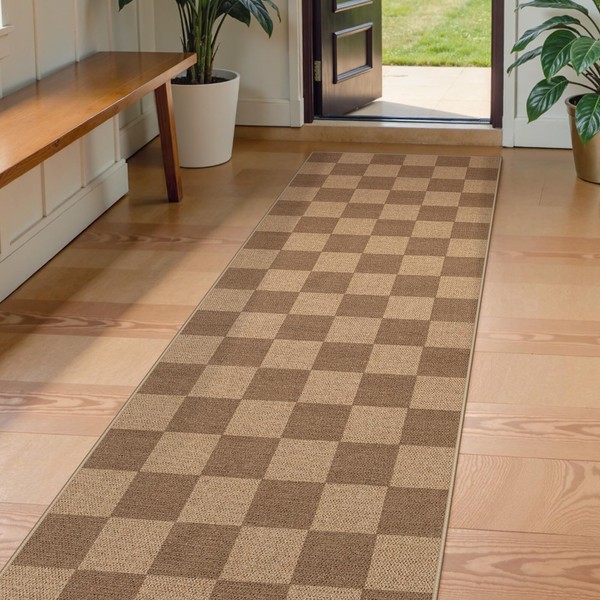 Lahome Checkered Easy Jute Kitchen Runner, 2x8 Washable Indoor Outdoor