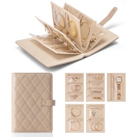 Vlando Jewellery Organiser, Foldable Earring Storage Organiser, Travel Jewellery Case with 5pcs Velvet Jewellery Pouches Bag for Necklace, Earring, Bracelets, Ring, Brooches(Caramel)