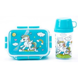 OM SUPPLIES Unicorn Sky Blue Sandwich Lunch Snack Box 3 Multi Compartment with Bottle 450ml Kids Children School (Unicorn Sky Blue)