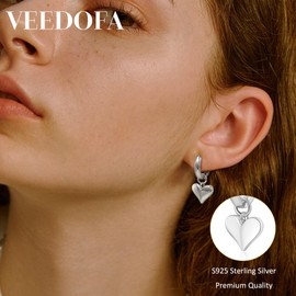 VEEDOFA Sterling Silver Dangle Earrings for Women, Dainty Heart Drop Earrings for Women, Hypoallergenic Sterling Silver Hoop Earrings for Women, 925 Silver Earrings for Women