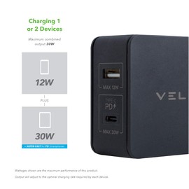 Veld 42W PD Super-Fast 2 Port Travel Charger - inc UK/USA/EU & AUS plugs 1 type C 30w 1 USB A 12w inc protective case ideal for smart phones/tablets