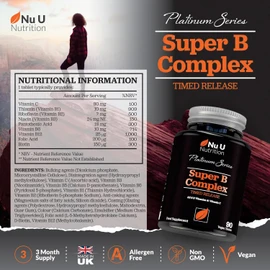 Nu U Nutrition Super Vitamin B Complex – High-Absorption Methylated B Vitamins with Vitamin C – 90 Timed-Release Vegan Tablets (3-Month Supply) – B1, B2, B3, B5, B6, B8, B9, B12 – Made in the UK