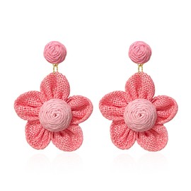 Leeniuniu Boho Raffia Straw Braid Flower Earrings Leightweight Wrapped Dangle Jewelry for Women (Pink)