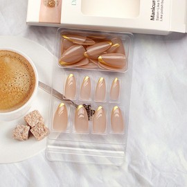 30Pcs PureGlow Co Press on Nails Stiletto French Tips Gold Fake Nails Medium Length Glue on Nails Nude False Nails with Glitter Designs Acrylic Full Cover Stick on Nails for Women and Girls Manicure