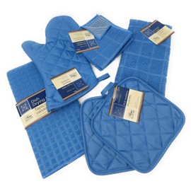 Kitchen Towel Set with 2 Quilted Pot Holders, Oven Mitt, Dish Towel, Dish Drying Mat, 2 Microfiber Scrubbing Dishcloths (Blue)