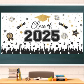 Graduation Decorations 2025 - Black Gold Congrats Grad Plastic Backdrop Banner, Large Class of 2025 Grad Backdrops Photo Props for Graduation Party Decoration Photography Supplies, 65 x 32.7 Inch