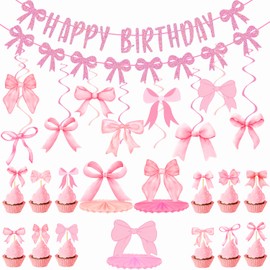25 Pcs Coquette Birthday Decorations, Pink Bow Party Supplies Set, Pink Bow Party Hanging Swirls and Honeycomb Centerpieces, Coquette Banner and Cupcake Toppers for Bachelorette Engagement Wedding
