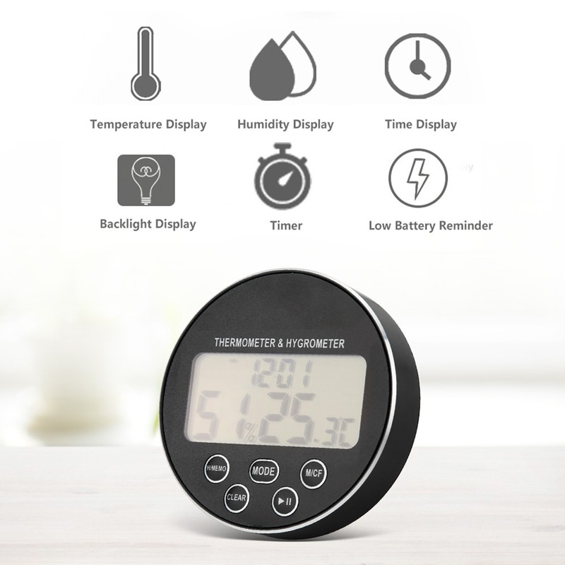 Multifunctional Kitchen Digital Timer Thermometer Hygrometer Black for Household Use