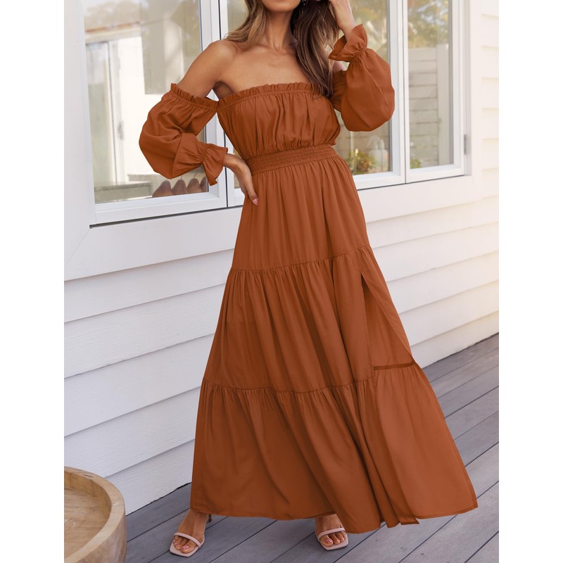 ZESICA Women's 2025 Boho Sexy Off Shoulder Long Sleeve Smocked