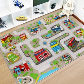 Capslpad Kids Rug Educational Play Rug 5.2'x3.3' Traffic Road Kids Play Car Mat Large Learning Play Game Area Rug Kids Carpet for Playroom Living Room Nursery Room Decor, Tan