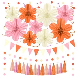 Marwey Pink and Orange Party Decoration with Hanging Paper Flowers, Tassel Garland and Swirls, Orange Birthday Decoration for Women Girls, Baby Showers Bachelorette Party Supplies Classroom Decor