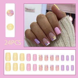Short Press on Nails Square Fake Nails French Flower Acrylic Nails Yellow Pink Purple False Nails with Solid Color Designs Reusable Glue on Nails Full Cover Stick on Nails for Women 24PCS